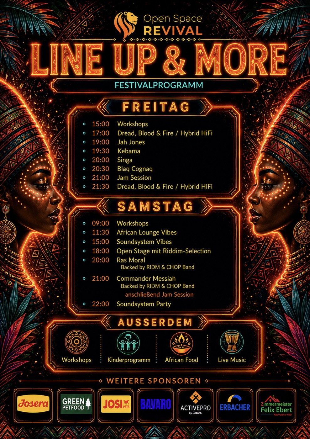 Lineup und Festivalprogramm Open Space Revival mit Programm am Freitag und Samstag, Workshops, Kinderprogramm, African Food und Live Music.